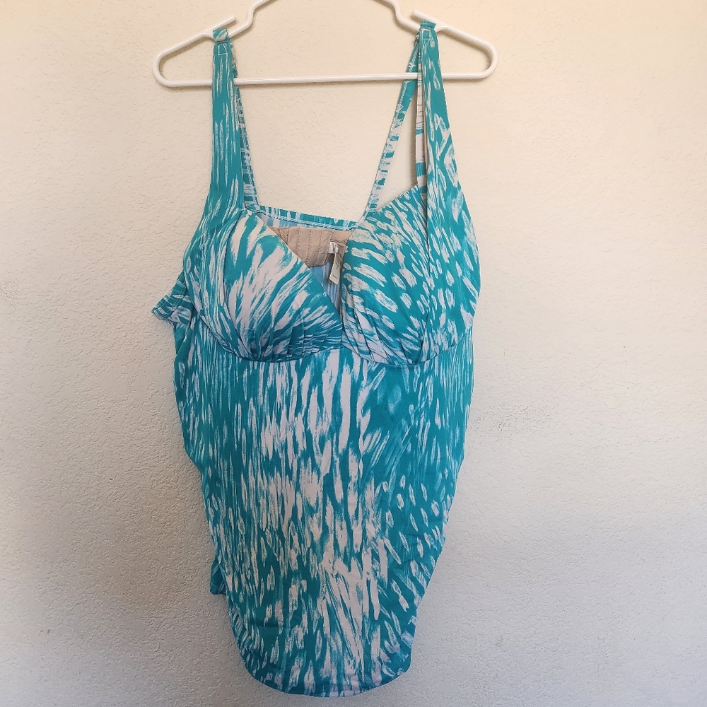 SWIM BY CACIQUE womens blue white plunge swim top sz 44C 2XL cup adjustable EUC